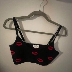 Black Crop Top with Red Lips Design